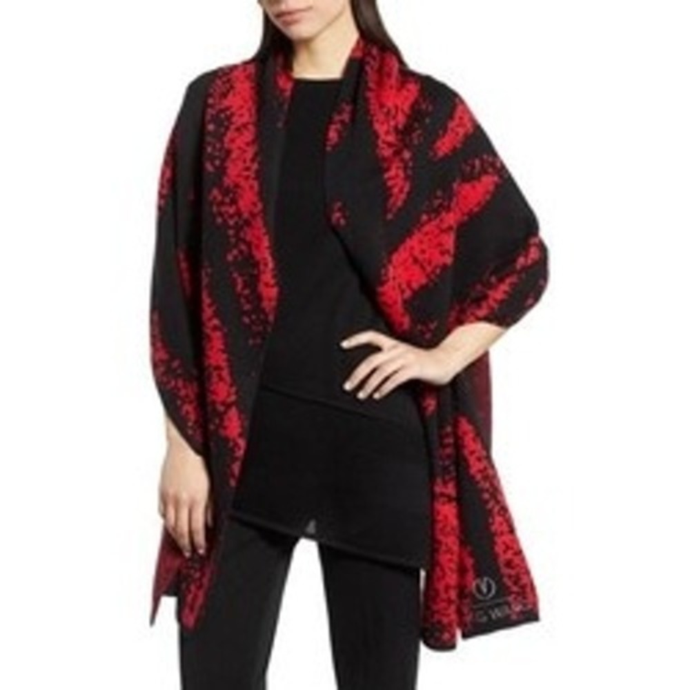 Ming Wang Oversized Scarf Wrap Red Black Abstract Print OS Goth Modern Glam